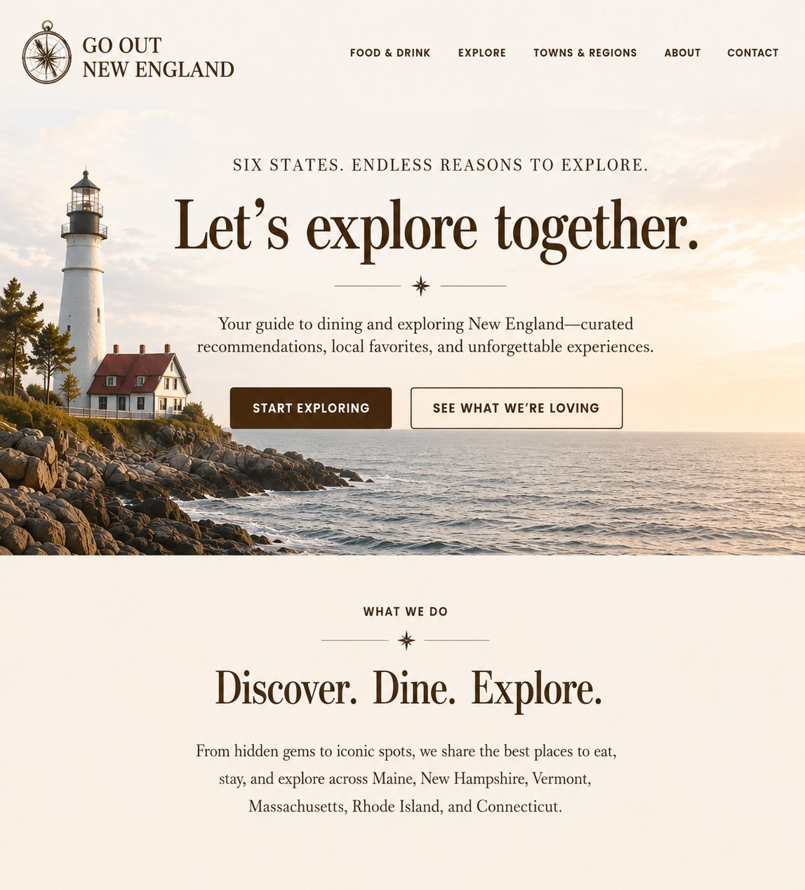 Go Out New England homepage with a top-left compass logo, lighthouse coastline, and the headline Let's explore together.